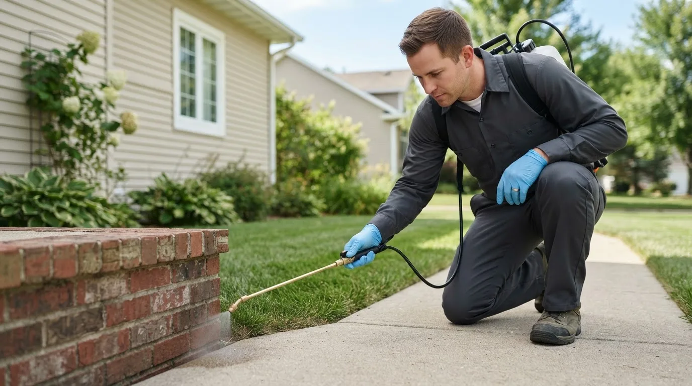 Pest control technician treating a home near Colquitt, GA